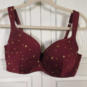Cacique Bra Smooth Balconette 40DD 40E Maroon / Red with gold stars